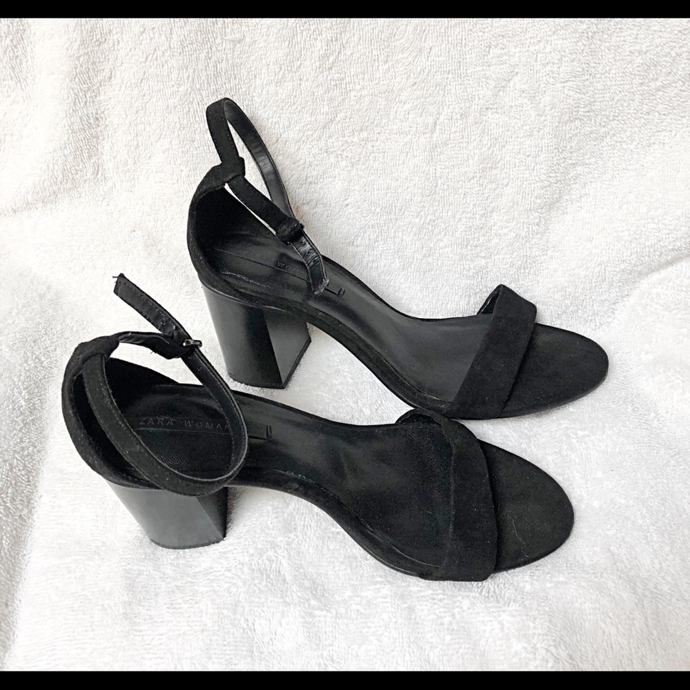 ZARA WOMAN Black Suede Square Heeled Sandals